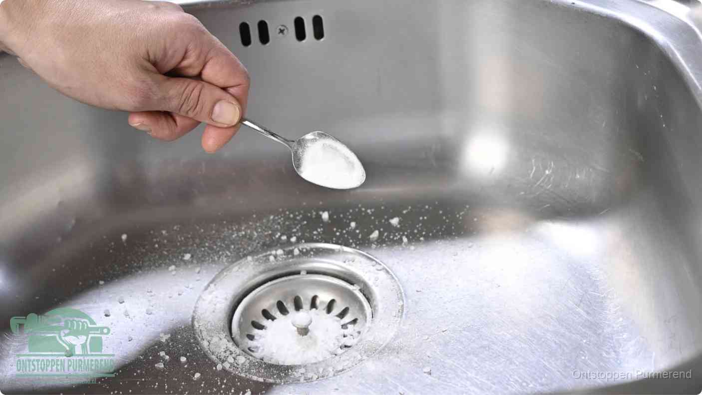 Een hand strooit met een lepel soda in de afvoer van een roestvrijstalen spoelbak, de soda en azijn huismiddel-methode om de afvoer te ontstoppen in Purmerend