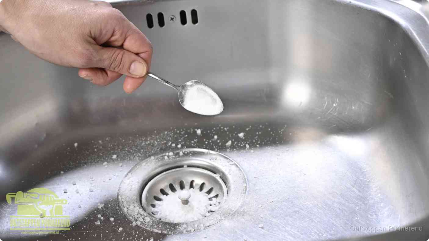 Een hand strooit met een lepel soda in het afvoerputje van een rvs spoelbak, de soda en azijn huismiddel-methode in Purmerend